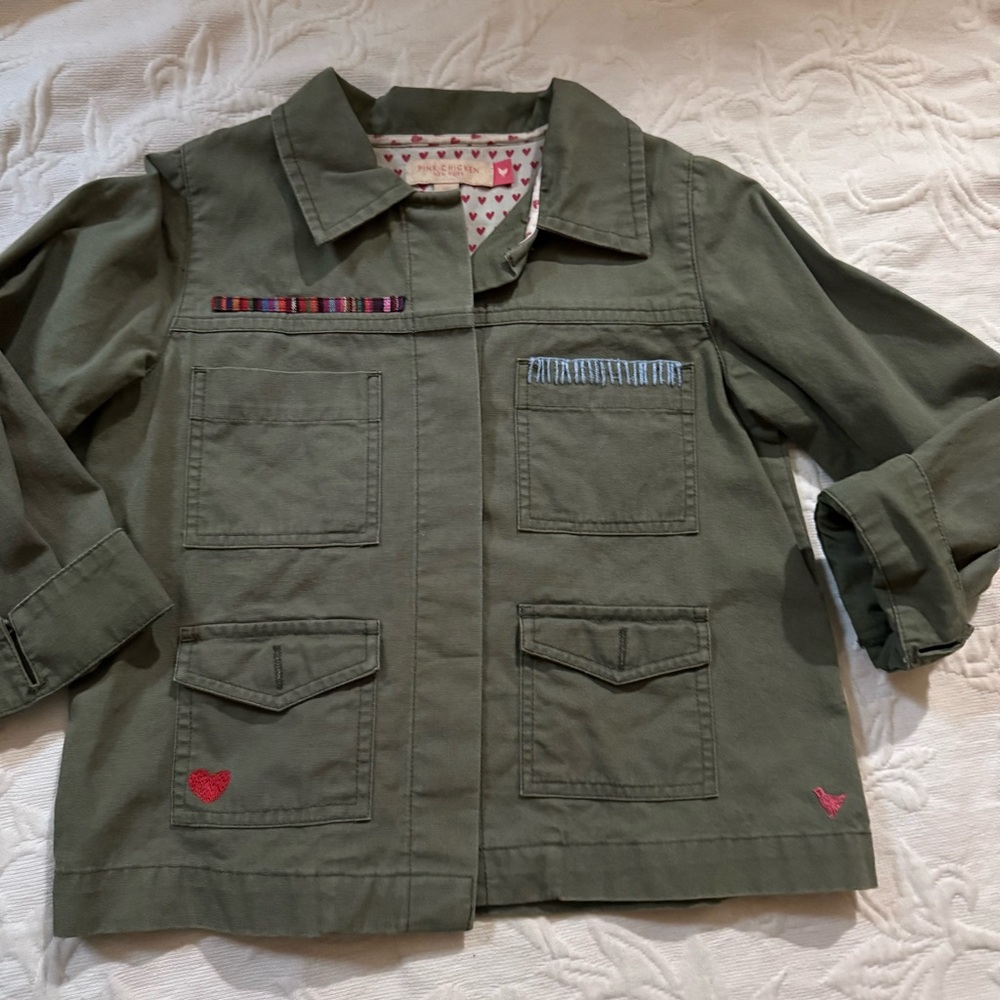 Pink Chicken NY Military Army Jacket Green Girls 5Y Boho Embroidered